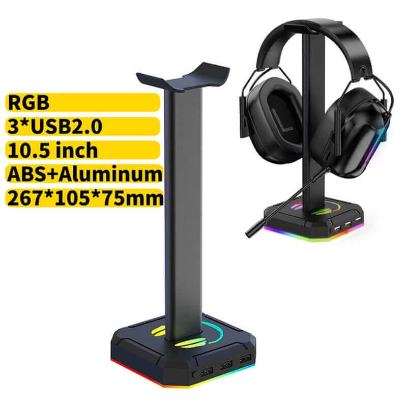 RGB Gaming Headphone Stand 10 Lighting Modes Dual USB Port Computer Headset Stand Holder Desktop Display Earphone Hanger Bracket