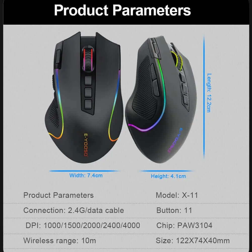 X-11 RGB USB 2.4G Wireless Gaming Mouse 4000 DPI 9 Buttons Programmable Ergonomic for Gamer Mice Laptop PC Computer