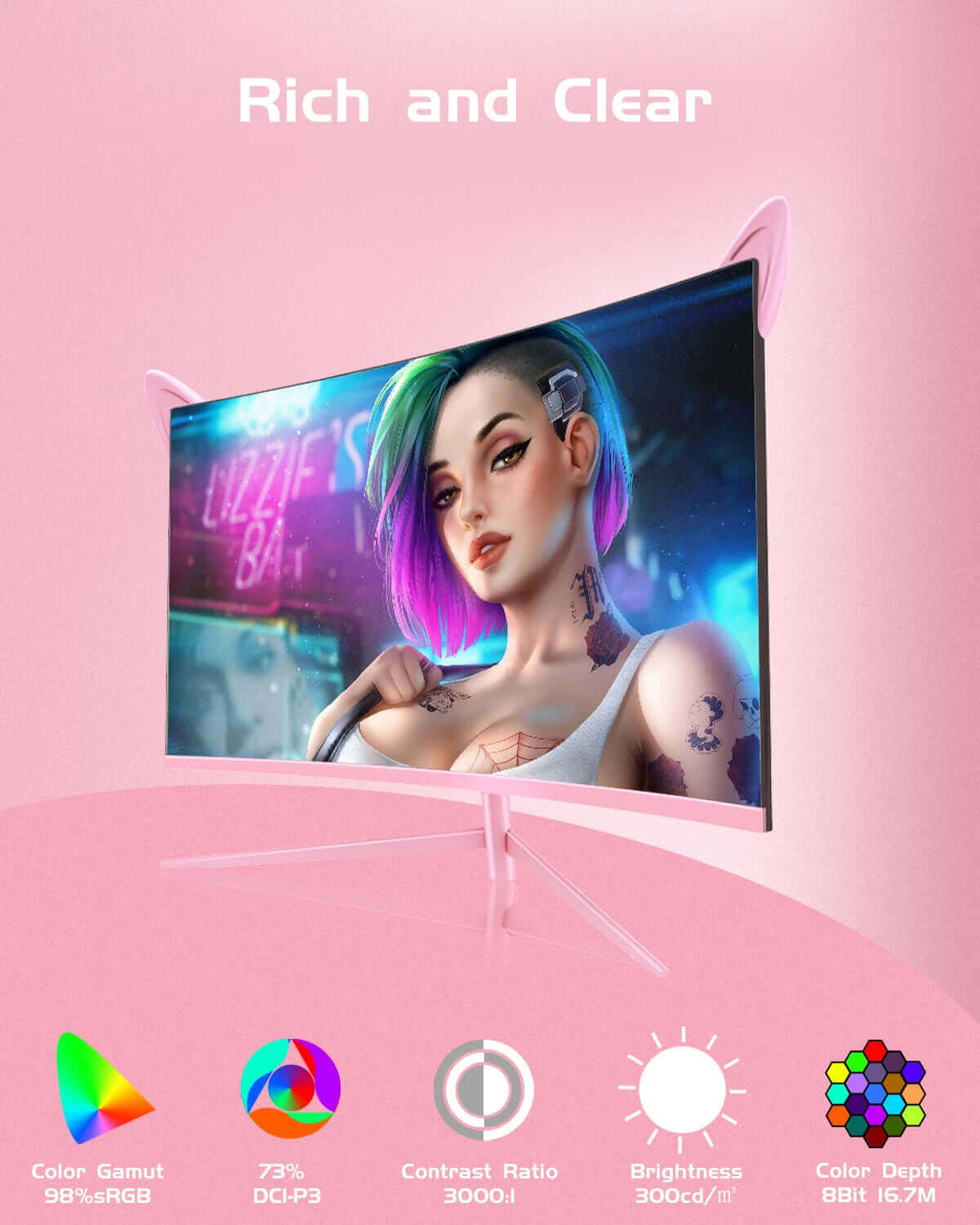 27Inch Curved Pink Monitor QHD 165Hz 1800R Gaming Display HDR10 Free-Sync Desktop Screen 1Ms GTG with Speakers Tilt Adjustable