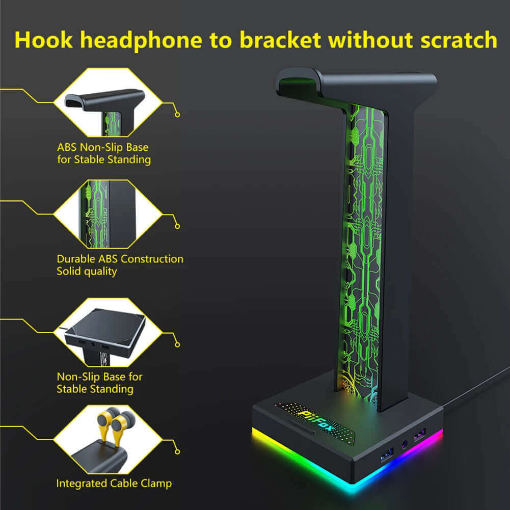 RGB Gaming Headphone Stand 10 Lighting Modes Dual USB Port Computer Headset Stand Holder Desktop Display Earphone Hanger Bracket