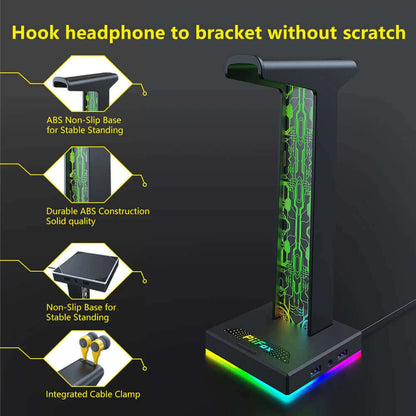 RGB Gaming Headphone Stand 10 Lighting Modes Dual USB Port Computer Headset Stand Holder Desktop Display Earphone Hanger Bracket