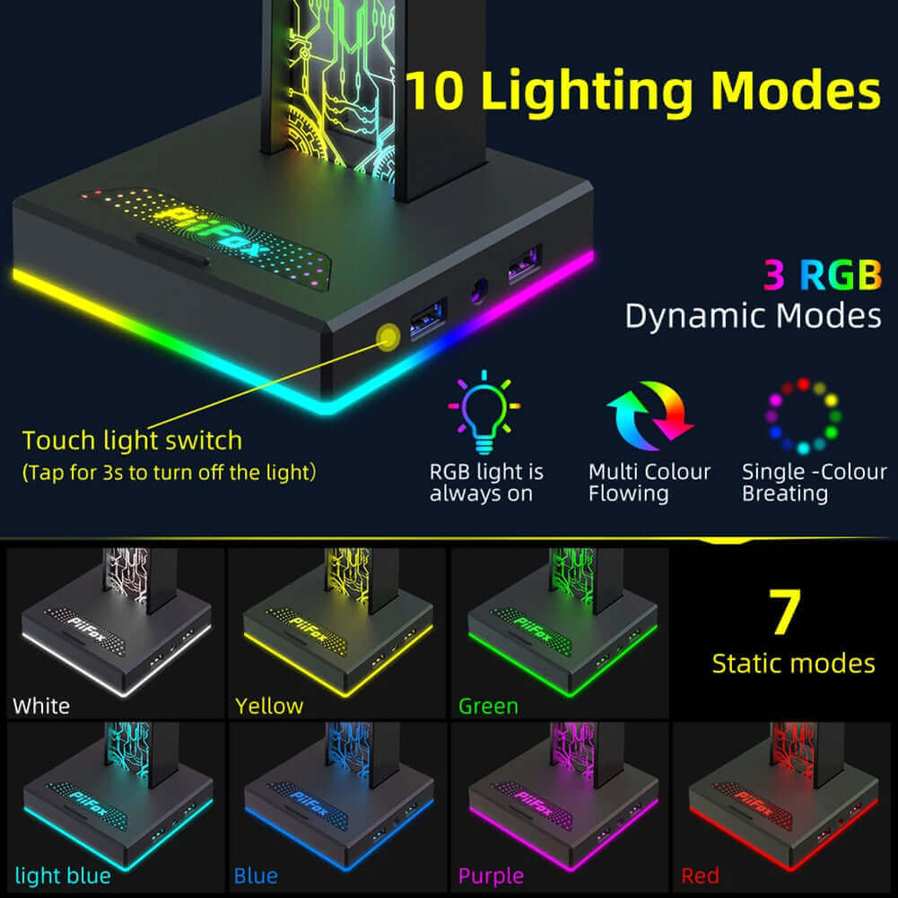 RGB Gaming Headphone Stand 10 Lighting Modes Dual USB Port Computer Headset Stand Holder Desktop Display Earphone Hanger Bracket