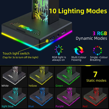 RGB Gaming Headphone Stand 10 Lighting Modes Dual USB Port Computer Headset Stand Holder Desktop Display Earphone Hanger Bracket