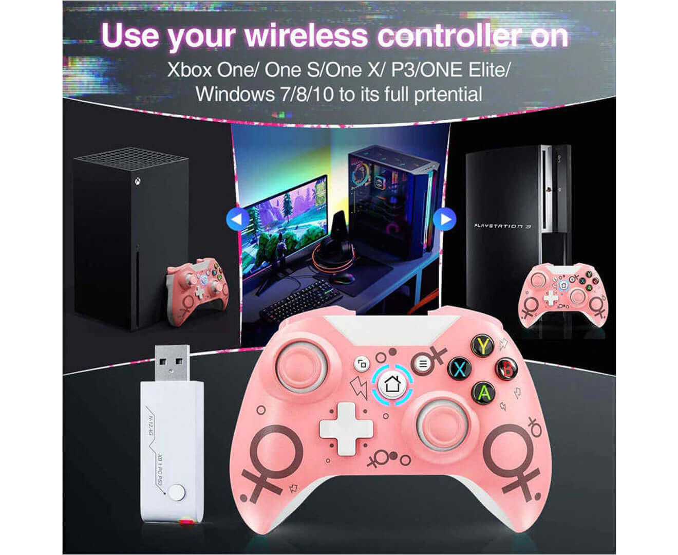 Ymall Wireless Controller with 2.4GHZ Adapter for Xbox One Ps3-Black