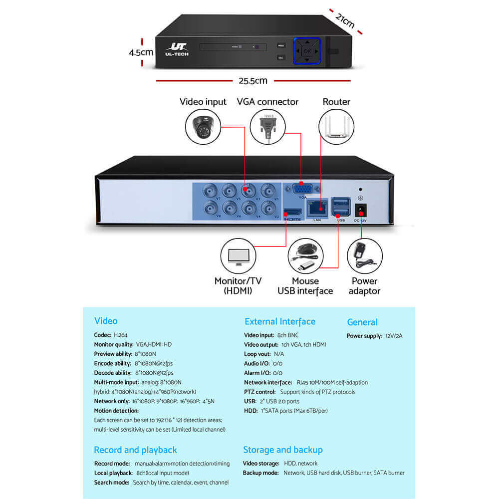 UL-tech CCTV Security System 8CH DVR 4 Cameras