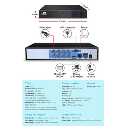 UL-tech CCTV Security System 8CH DVR 8 Cameras 1TB Hard Drive