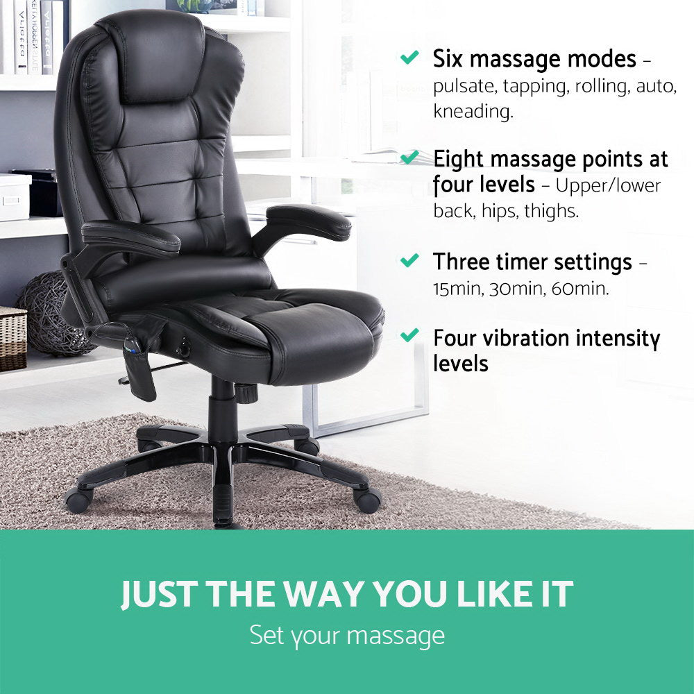 Artiss 8 Point Massage Office Chair Heated Seat PU Leather - Black