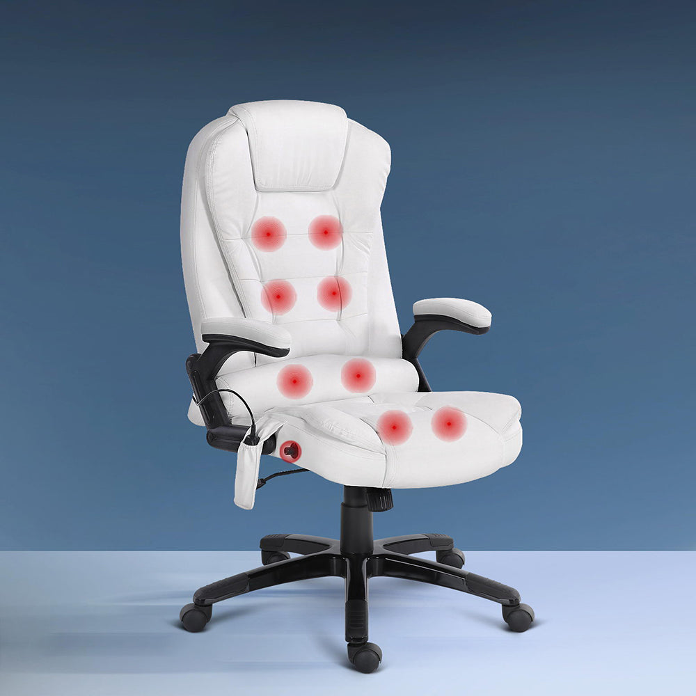 Artiss 8 Point Massage Office Chair Heated Seat PU Leather - White