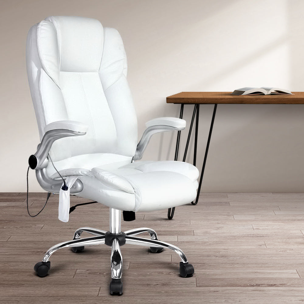 Artiss 8 Point Massage Office Chair PU Leather - White