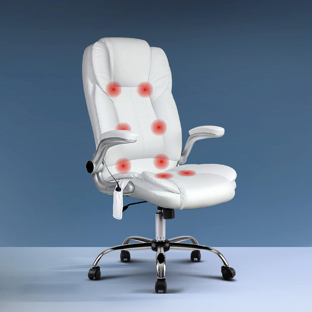 Artiss 8 Point Massage Office Chair PU Leather - White