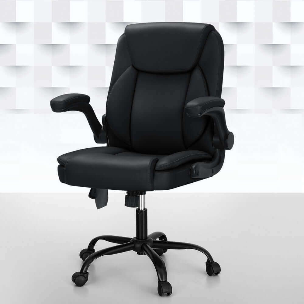 Artiss 2 Point Massage Office Chair Leather Mid Back - Black