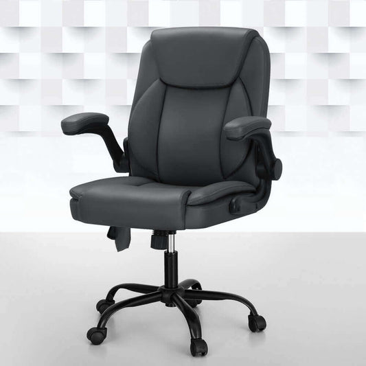 Artiss 2 Point Massage Office Chair Leather Mid Back - Grey