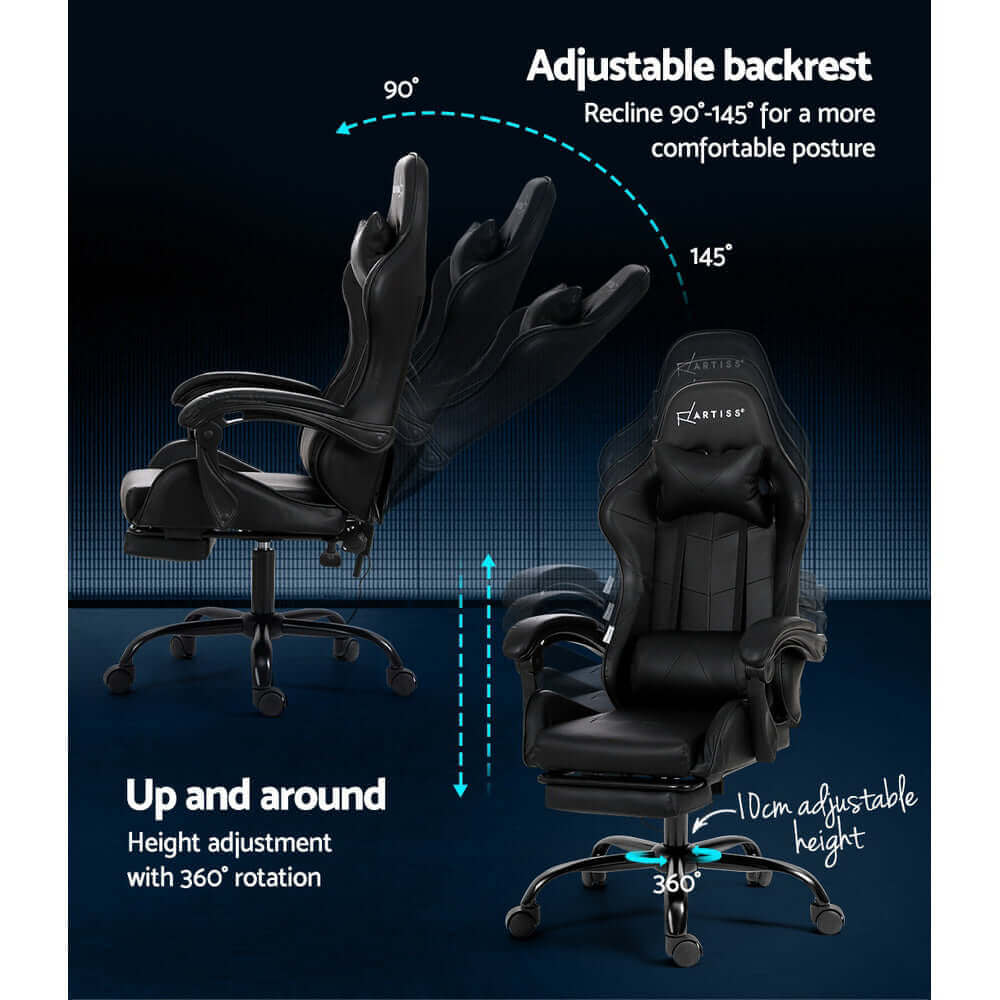 Artiss 2 Point Massage Gaming Office Chair Footrest - Black