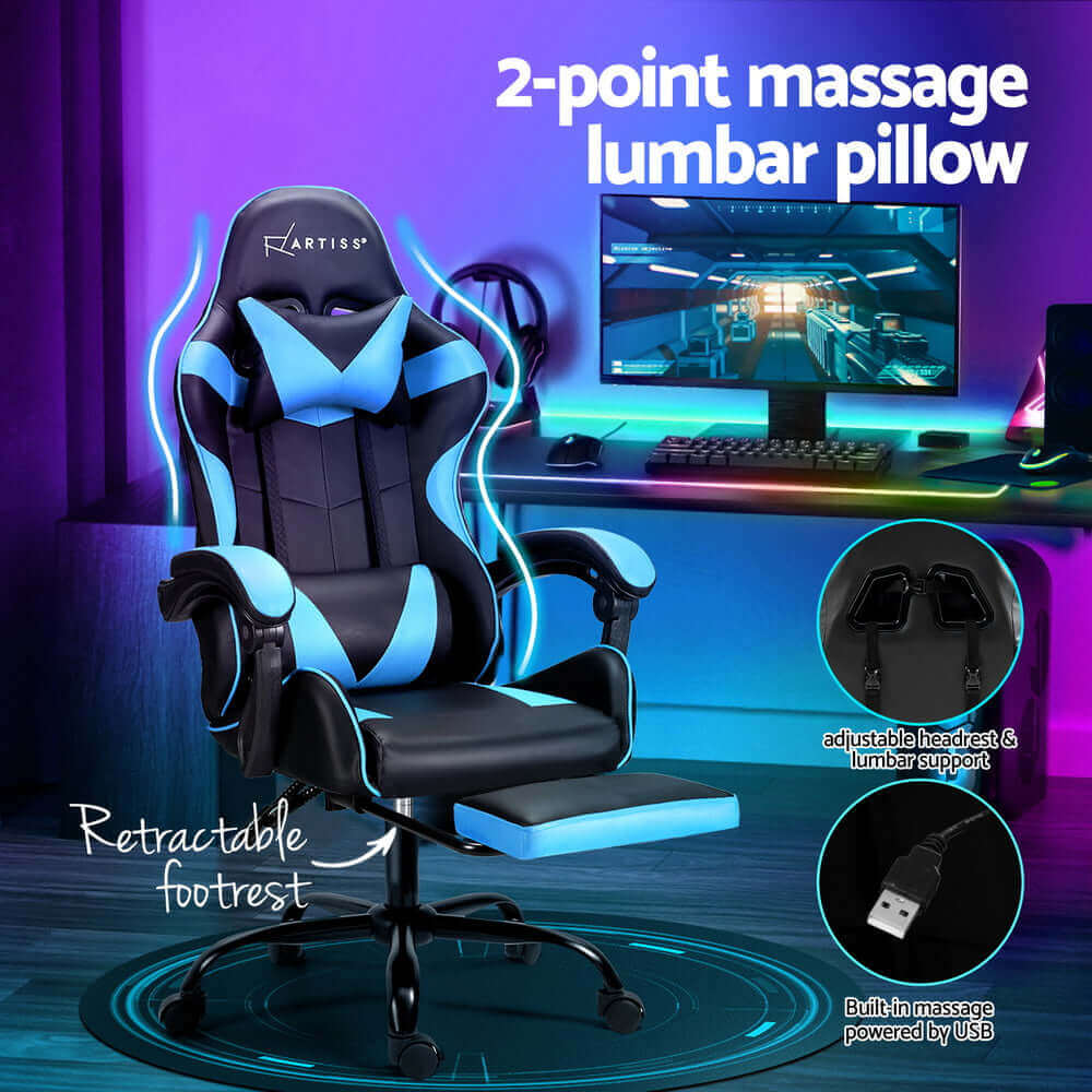 Artiss 2 Point Massage Gaming Office Chair Footrest - Cyan Blue