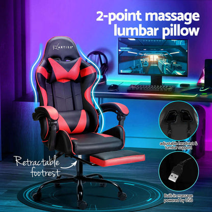 Artiss 2 Point Massage Gaming Office Chair Footrest - Red