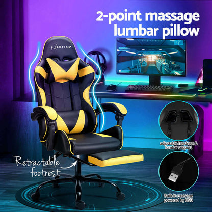 Artiss 2 Point Massage Gaming Office Chair Footrest - Yellow