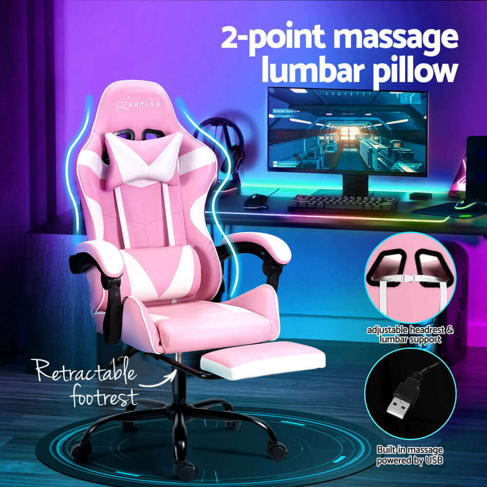 Artiss 2 Point Massage Gaming Office Chair Footrest - Pink