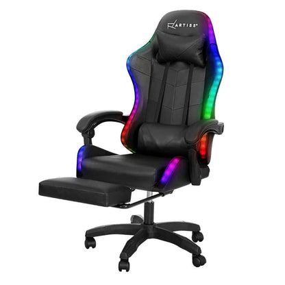 Artiss 6 Point Massage Gaming Office Chair 7 LED Footrest - Black