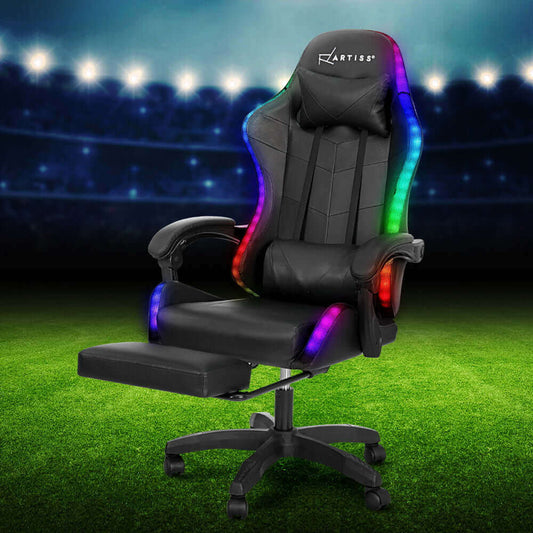 Artiss 6 Point Massage Gaming Office Chair 7 LED Footrest - Black