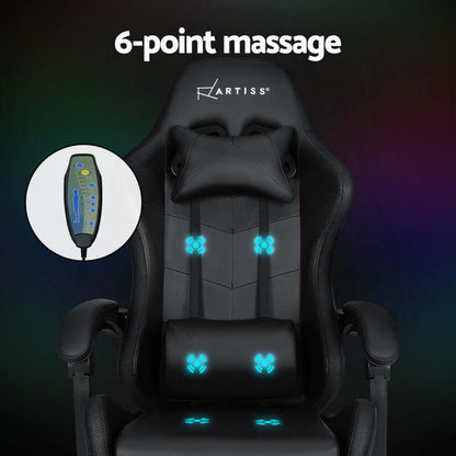 Artiss 6 Point Massage Gaming Office Chair 7 LED Footrest - Black