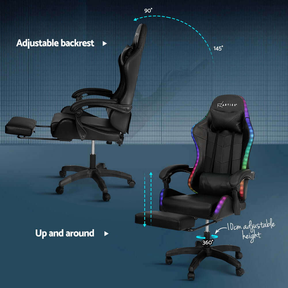 Artiss 6 Point Massage Gaming Office Chair 7 LED Footrest - Black