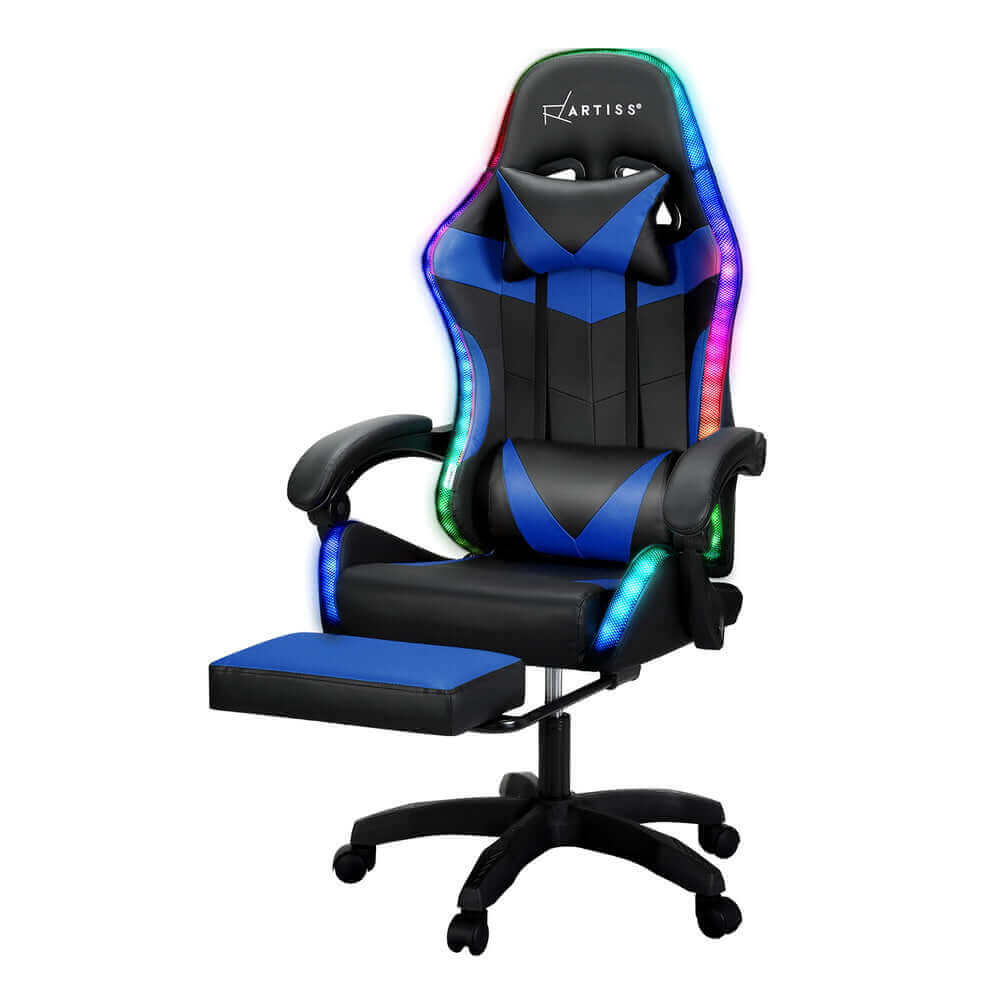 Artiss 6 Point Massage Gaming Office Chair 7 LED Footrest - Blue