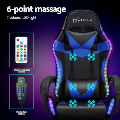 Artiss 6 Point Massage Gaming Office Chair 7 LED Footrest - Blue