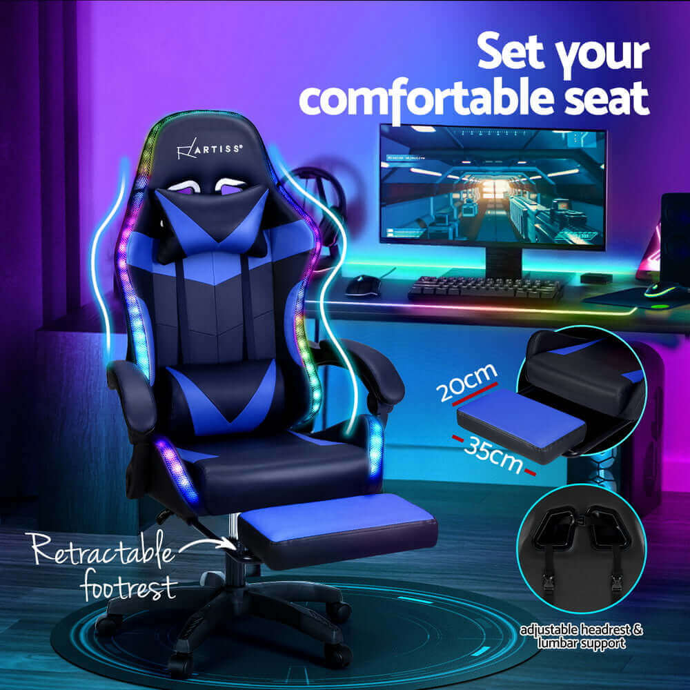 Artiss 6 Point Massage Gaming Office Chair 7 LED Footrest - Blue