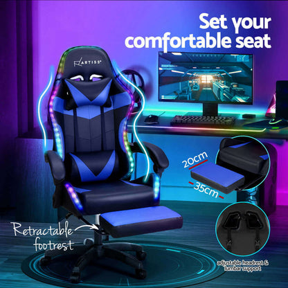 Artiss 6 Point Massage Gaming Office Chair 7 LED Footrest - Blue