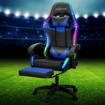 Artiss 6 Point Massage Gaming Office Chair 7 LED Footrest - Blue