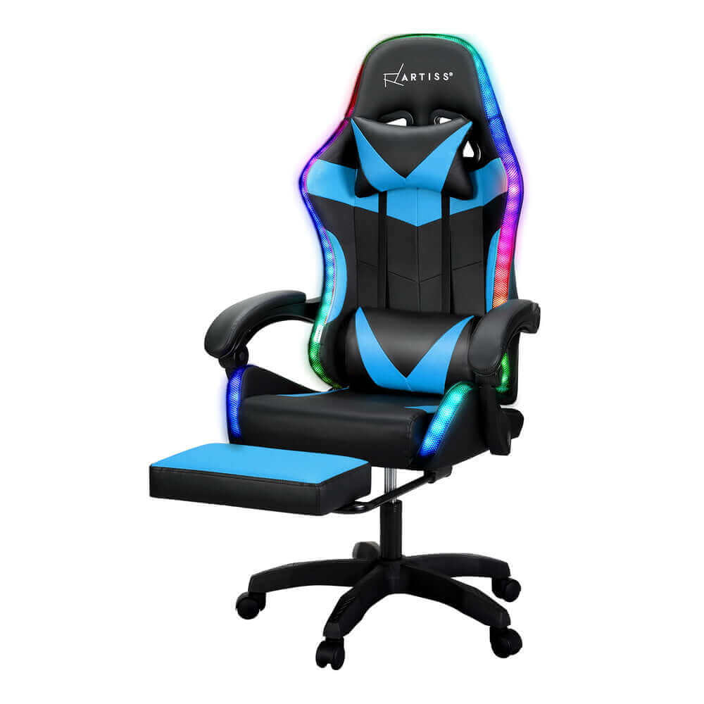 Artiss 6 Point Massage Gaming Office Chair 7 LED Footrest - Cyan Blue