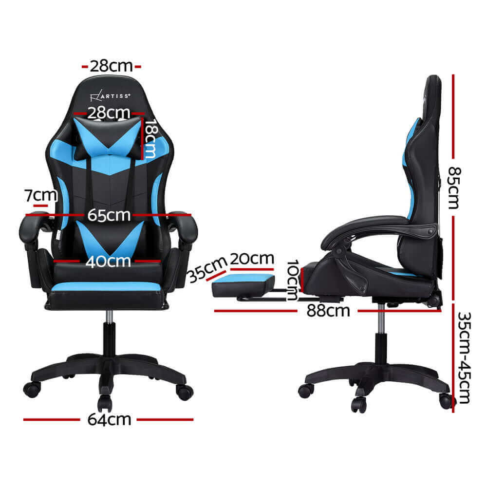 Artiss 6 Point Massage Gaming Office Chair 7 LED Footrest - Cyan Blue