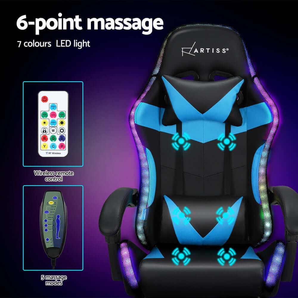 Artiss 6 Point Massage Gaming Office Chair 7 LED Footrest - Cyan Blue