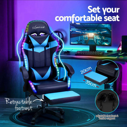 Artiss 6 Point Massage Gaming Office Chair 7 LED Footrest - Cyan Blue