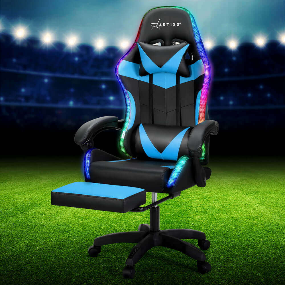 Artiss 6 Point Massage Gaming Office Chair 7 LED Footrest - Cyan Blue