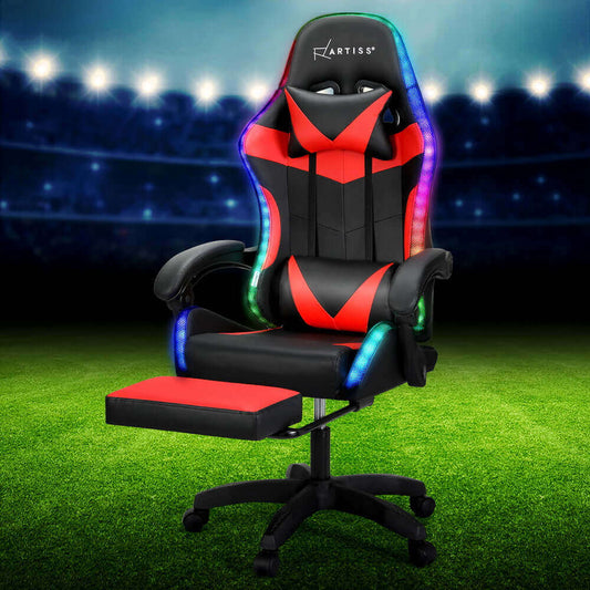 Artiss 6 Point Massage Gaming Office Chair 7 LED Footrest - Red