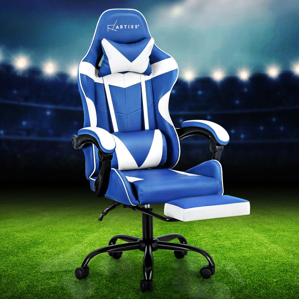 Artiss Gaming Office Chair Executive Footrest - Blue/White