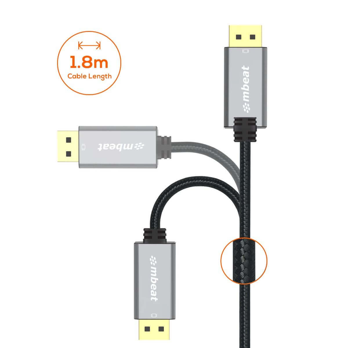 mbeat Tough Link 1.8m Display Port Cable v1.4 - Space Grey