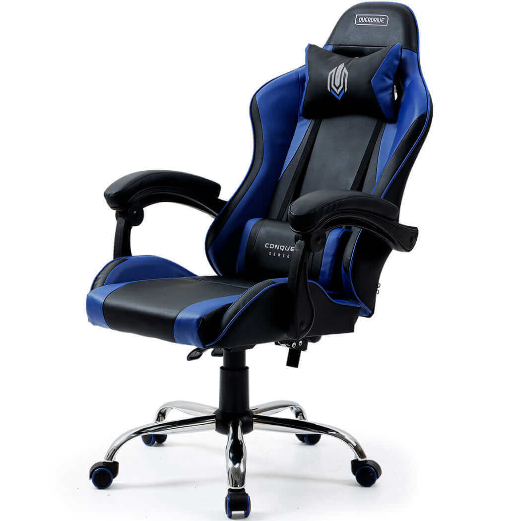 OVERDRIVE Conquest Series Reclining Gaming Chair with Lumbar and Neck Pillows, Black and Blue