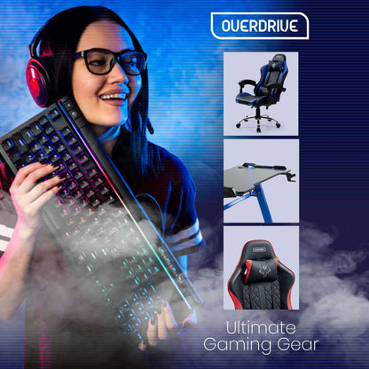 OVERDRIVE Conquest Series Reclining Gaming Chair with Lumbar and Neck Pillows, Black and Blue