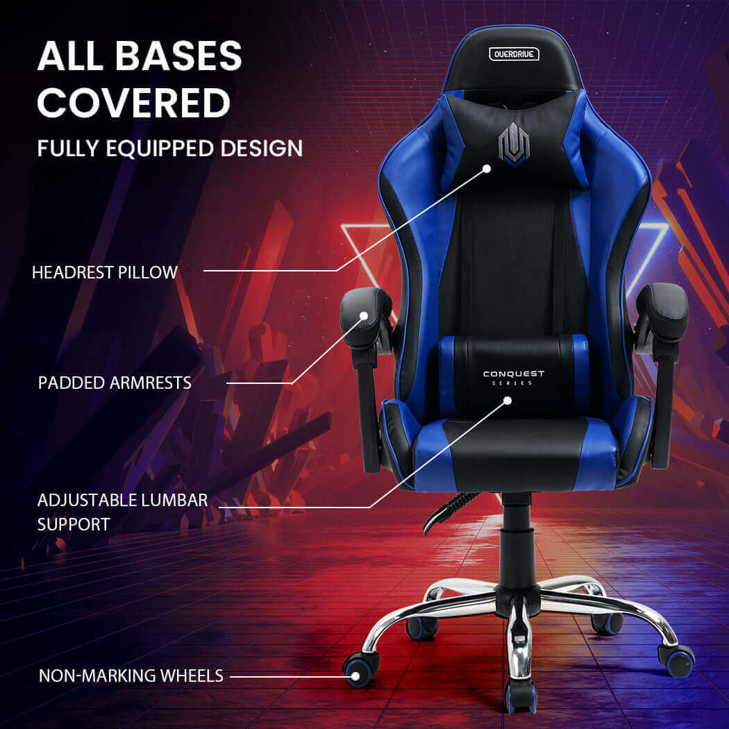 OVERDRIVE Conquest Series Reclining Gaming Chair with Lumbar and Neck Pillows, Black and Blue