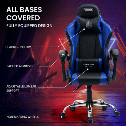 OVERDRIVE Conquest Series Reclining Gaming Chair with Lumbar and Neck Pillows, Black and Blue