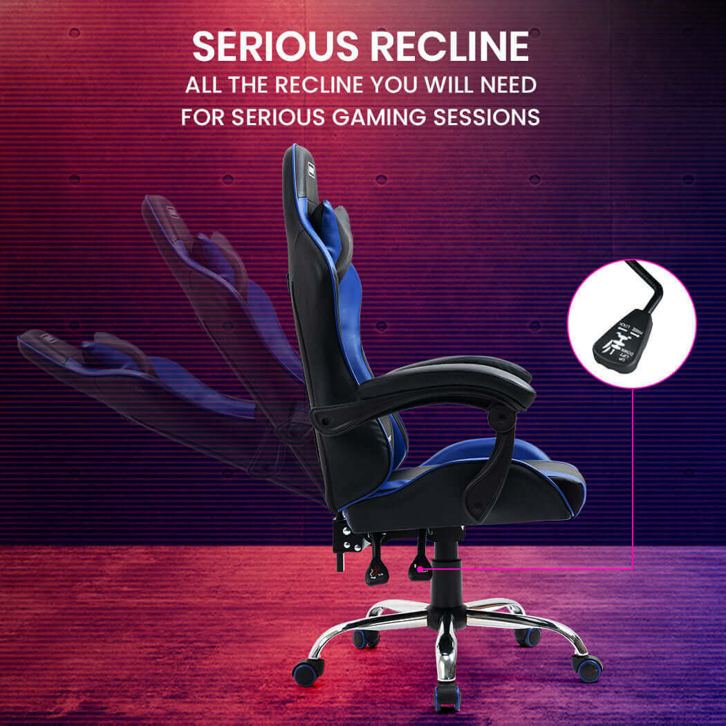 OVERDRIVE Conquest Series Reclining Gaming Chair with Lumbar and Neck Pillows, Black and Blue