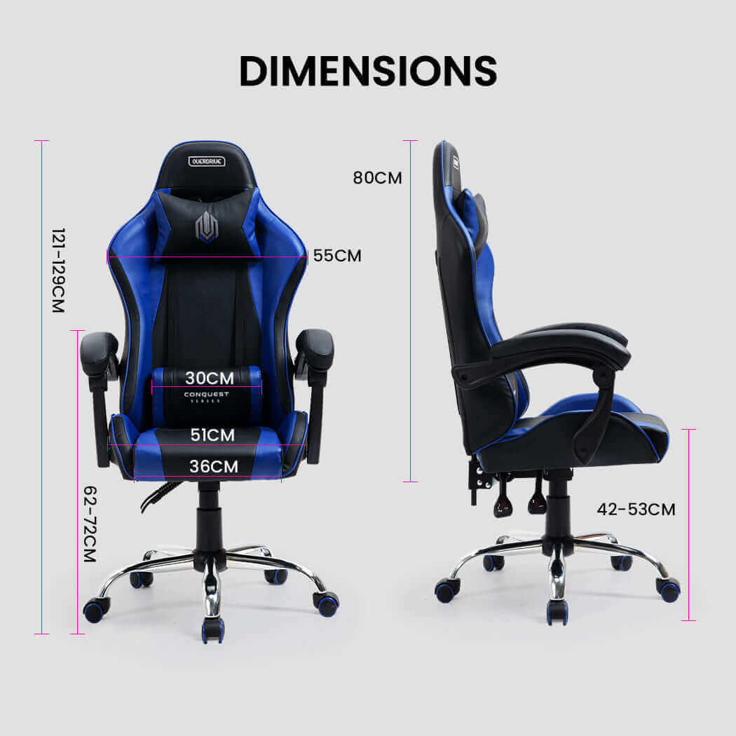 OVERDRIVE Conquest Series Reclining Gaming Chair with Lumbar and Neck Pillows, Black and Blue