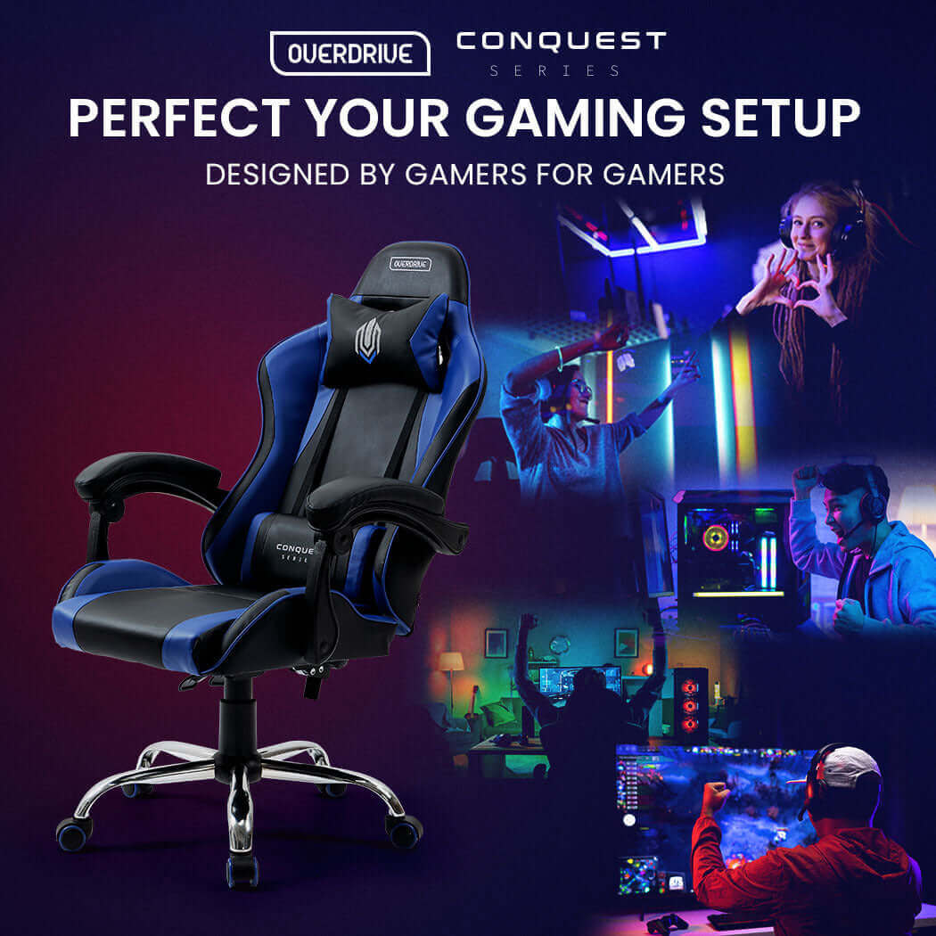 OVERDRIVE Conquest Series Reclining Gaming Chair with Lumbar and Neck Pillows, Black and Blue