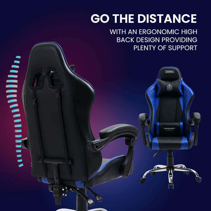 OVERDRIVE Conquest Series Reclining Gaming Chair with Lumbar and Neck Pillows, Black and Blue