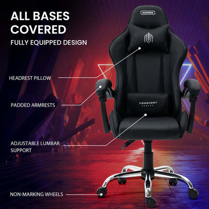 OVERDRIVE Conquest Series Reclining Gaming Chair with Lumbar and Neck Pillows, Black