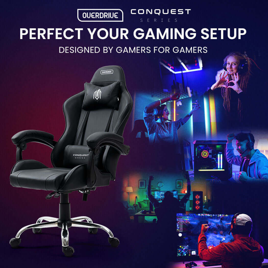 OVERDRIVE Conquest Series Reclining Gaming Chair with Lumbar and Neck Pillows, Black