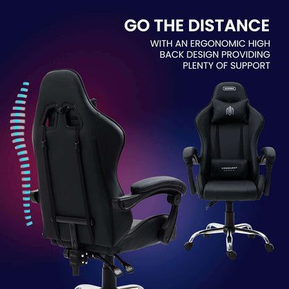 OVERDRIVE Conquest Series Reclining Gaming Chair with Lumbar and Neck Pillows, Black