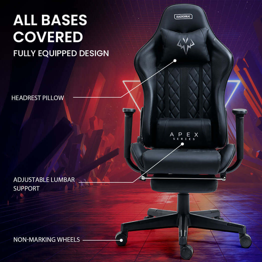 OVERDRIVE Apex Series Reclining Gaming Chair with Footrest, Black